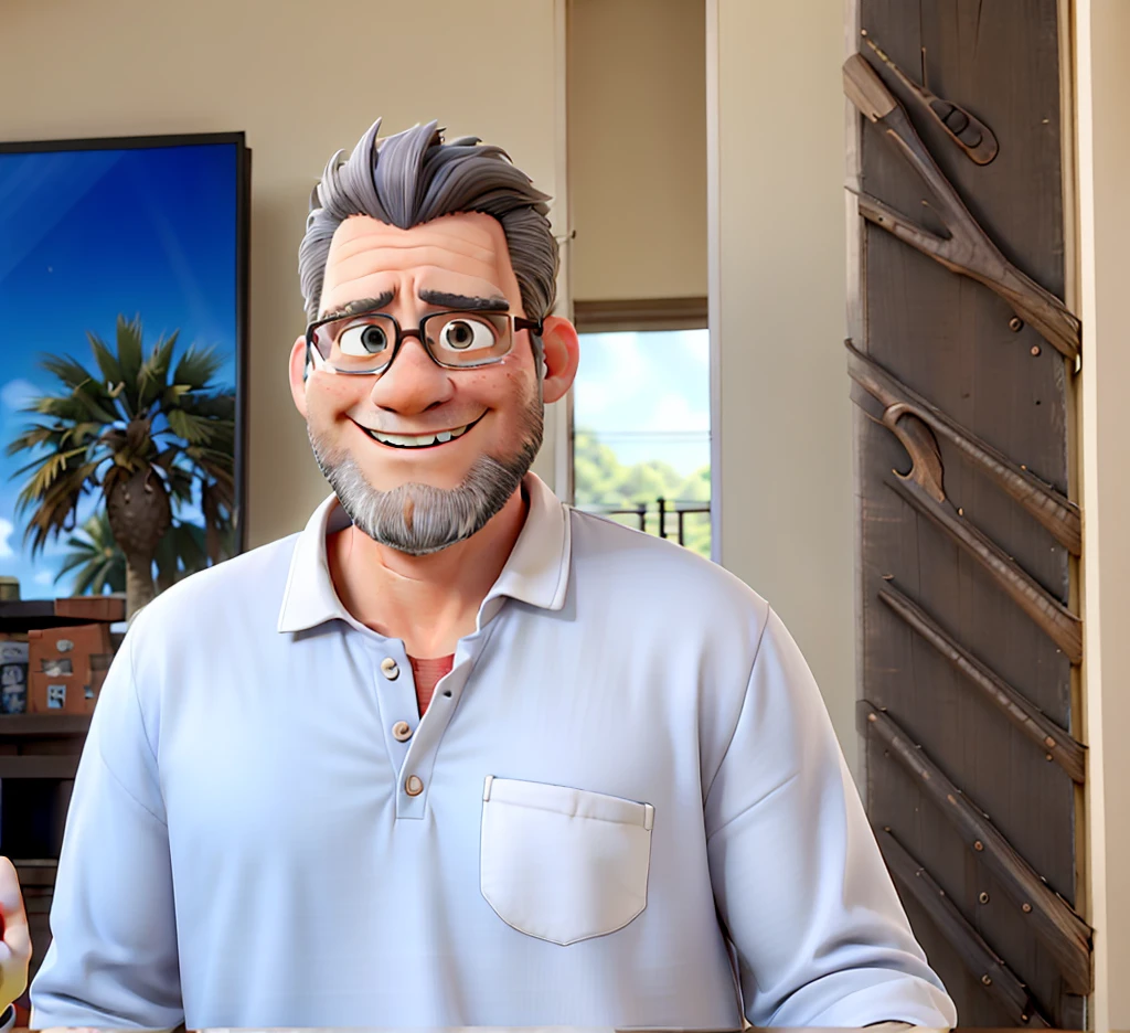 Pixar-style 3D movie poster: A man between 40 and 50 years old, with straight hair and a large gray quiff, no samurai style. He has a neatly trimmed beard and a bright smile. He has a megaphone in his hands, pointing at something, and wearing a polo shirt. His eyes have a slightly droopy expression. Hair should be combed back, but without elements of the samurai style.