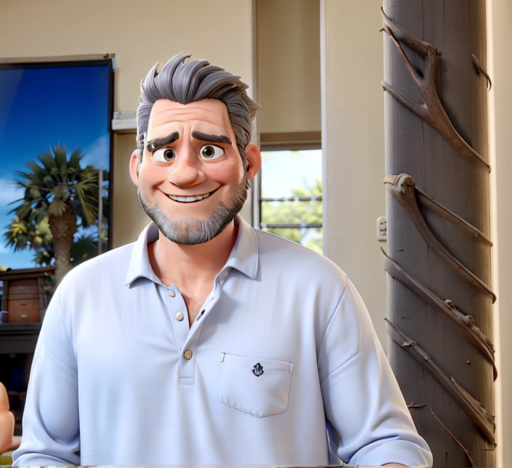 Pixar-style 3D movie poster: A man between 40 and 50 years old, with straight hair and a large gray quiff, no samurai style. He has a neatly trimmed beard and a bright smile. He has a megaphone in his hands, pointing at something, and wearing a polo shirt. His eyes have a slightly droopy expression. Hair should be combed back, but without elements of the samurai style.
