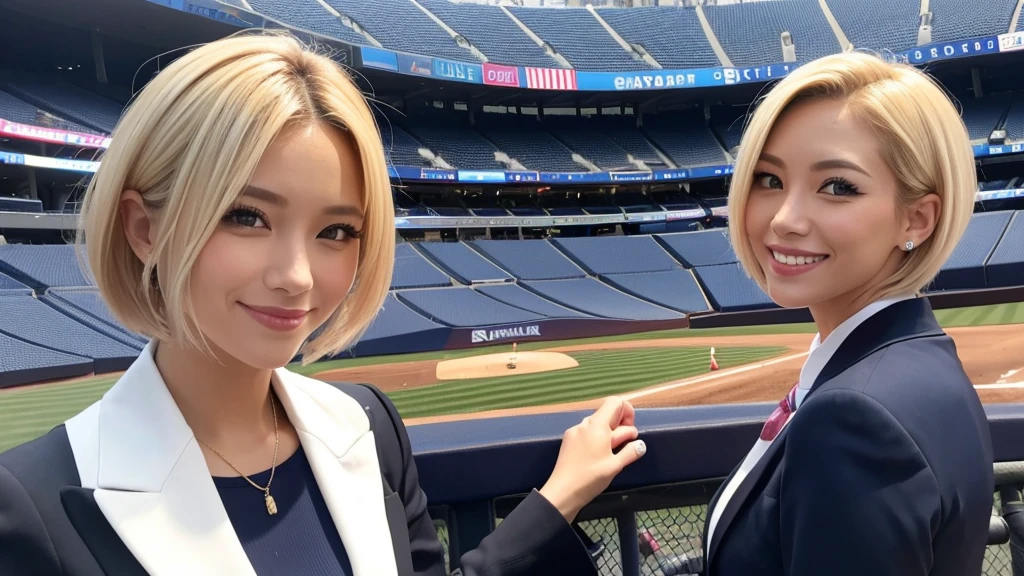 A female announcer in a suit is broadcasting live from Yankee Stadium.。Blonde Short Hair。smile