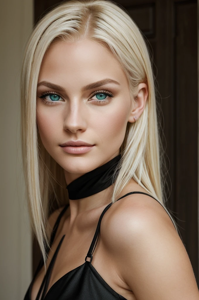 portrait of a young Caucasian woman of 20 years old. she is platinum blonde with green eyes. very realistic. she is very beautiful. she has very luscious and well-defined lips with very pretty cheekbones. she is very beautiful. she is wearing a black dress with straps.