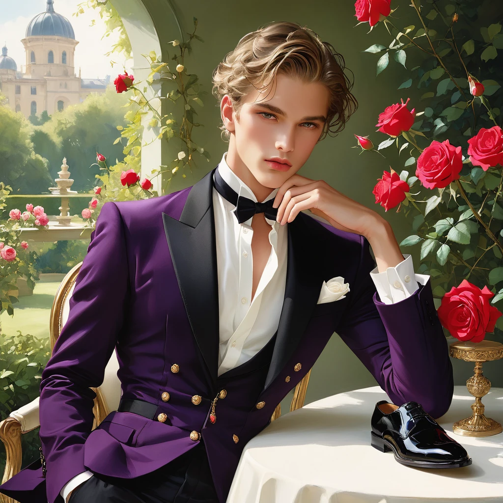 Create an image of a young man inspired by the characteristics of the rose 'The Prince.' The male model should be standing in a poised and regal posture, with one hand lightly touching his chin and the other resting by his side, evoking a sense of deep contemplation and elegance. He should be dressed in a deep, rich velvet jacket in dark purple or crimson, adorned with intricate embroidery and layered over a crisp white shirt, complemented by dark tailored trousers and polished black shoes. His clothing should reflect the complex, multi-petaled structure of the rose, with detailed textures and luxurious fabrics.
The composition should place the model slightly off-center, allowing for a view of a lush garden background with glossy green leaves and hints of blooming roses, creating a natural yet sophisticated setting. Soft, diffused lighting should be used to highlight the model's features and clothing, casting gentle shadows that add depth and dimension to the image. The overall atmosphere should be one of quiet intensity and refined elegance, with a subtle hint of romanticism.
The photo should be taken at eye level with a slight upward angle to emphasize the model's regal presence, using a medium-format camera like the Hasselblad H6D-100c for its exceptional detail and color accuracy. A prime lens with a wide aperture, such as the Zeiss Otus 85mm f/1.4, should be used to achieve a shallow depth of field, ensuring the model stands out sharply against the softly blurred background.
For inspiration, consider the works of photographers like Mario Testino, known for his ability to capture elegance and refinement in fashion photography, and Tim Walker, whose use of lush, dreamlike settings and intricate details would complement the theme perfectly. ((full-body image)), fashion sketching, realistic drawing, ((imperfect water color drawing background)),