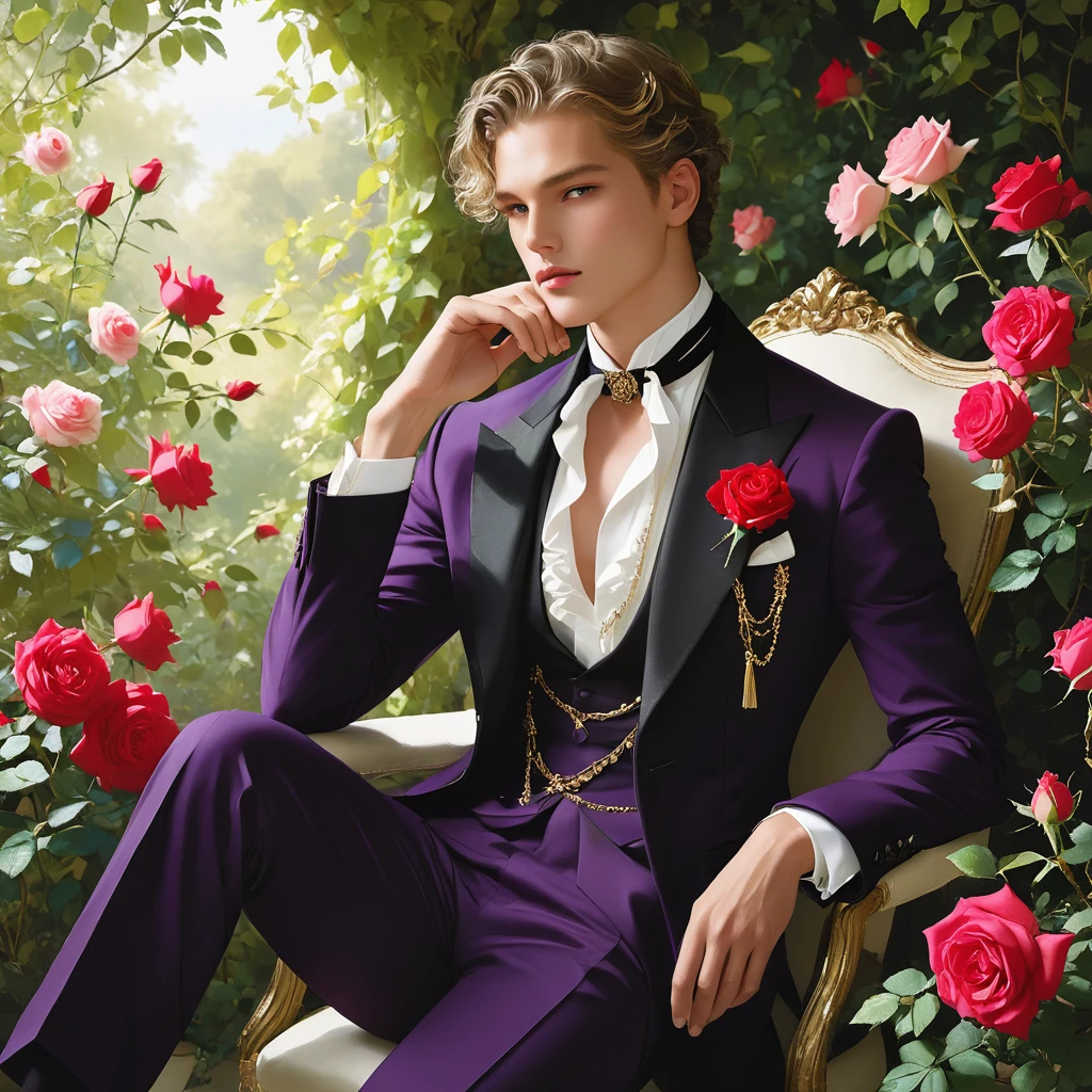 Create an image of a young man inspired by the characteristics of the rose 'The Prince.' The male model should be standing in a poised and regal posture, with one hand lightly touching his chin and the other resting by his side, evoking a sense of deep contemplation and elegance. He should be dressed in a deep, rich velvet jacket in dark purple or crimson, adorned with intricate embroidery and layered over a crisp white shirt, complemented by dark tailored trousers and polished black shoes. His clothing should reflect the complex, multi-petaled structure of the rose, with detailed textures and luxurious fabrics.
The composition should place the model slightly off-center, allowing for a view of a lush garden background with glossy green leaves and hints of blooming roses, creating a natural yet sophisticated setting. Soft, diffused lighting should be used to highlight the model's features and clothing, casting gentle shadows that add depth and dimension to the image. The overall atmosphere should be one of quiet intensity and refined elegance, with a subtle hint of romanticism.
The photo should be taken at eye level with a slight upward angle to emphasize the model's regal presence, using a medium-format camera like the Hasselblad H6D-100c for its exceptional detail and color accuracy. A prime lens with a wide aperture, such as the Zeiss Otus 85mm f/1.4, should be used to achieve a shallow depth of field, ensuring the model stands out sharply against the softly blurred background.
For inspiration, consider the works of photographers like Mario Testino, known for his ability to capture elegance and refinement in fashion photography, and Tim Walker, whose use of lush, dreamlike settings and intricate details would complement the theme perfectly. ((full-body image)), fashion sketching, realistic drawing, ((imperfect water color drawing background)),
