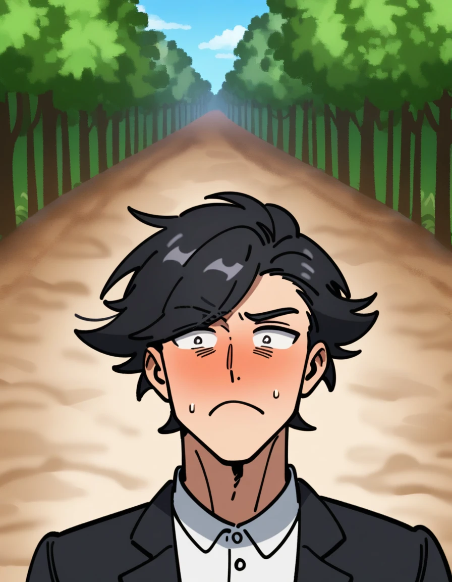 a forest, dirt road, madrugada, 1 male adult, Bblack hair, Eyes red, wearing a black blazer and a white shirt inside, black pants and brown shoes, facefocus, confused expression