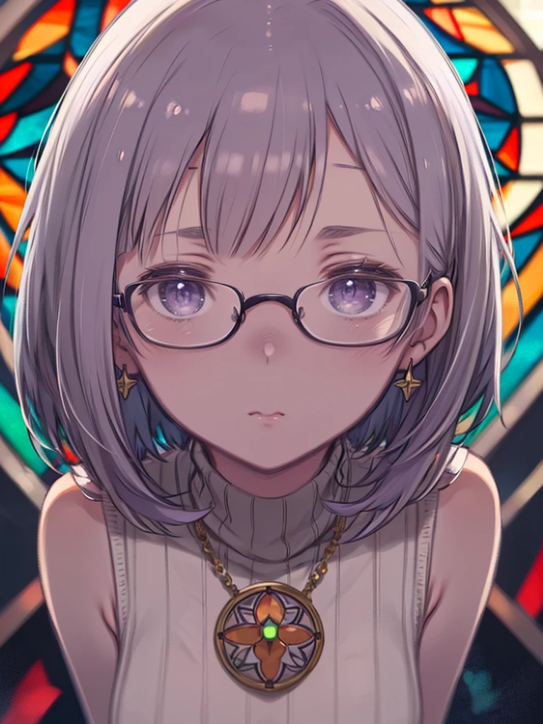 (Highest quality, 8K, At 32K, masterpiece, Ticker:1.2), (Genuine, photoGenuineistic:1.1), (Perfect Anatomy:1.2), 1 Girl, Super cute school girl, Japanese Girls, Shut your mouth., 17 years old, (Black-rimmed glasses:1.2), horizontal distance method, Face close-up, ((Face close-up:1.4)), Written boundary depth, Fine skin, Orange Lip, (((Look forward))), View your viewers, Pouting, Natural Eyes, Very detailed, Glittering earrings , Shiny bronze hair, Fluffy hair, (Bob Cut Hair:1.2), In a dark room, (The background is a completely blurred stained glass background:1.8), Large breasts, Heavy chest, Beautiful details in the eyes, ((Light purple tight sweater:1.5)), ( Sleeveless sweater:1.4), (High neck sweater), Strobe lighting, Highly emotional and spectacular cinematic lighting,