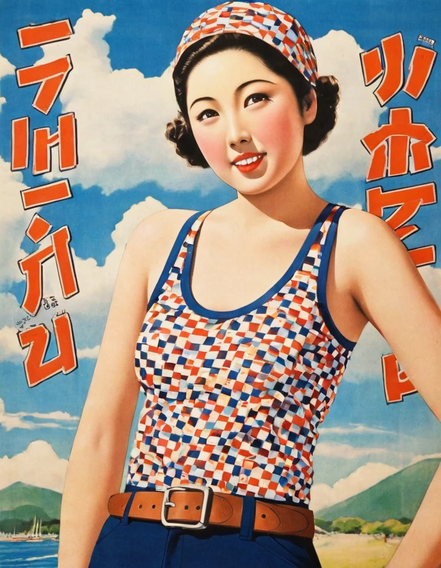 (((1930s Japanese poster)))),masterpiece,Beautiful sky,Fantasy、close-up,portrait, Having a barbecue、Japanese woman,(Japanese pompadour:1.3),narrow eyes,Expressionless,(geometric pattern tank top:1.3),(black short pants),(belt),(tight swim cap)