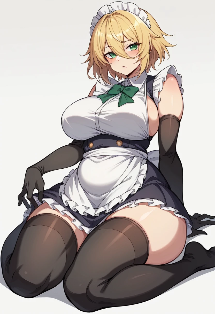 (One girl)、bob cut、flipped hair、((Blonde))、（Sato Air）、Sakuya Izayoi、slan eyes、(Big super breasts)、(Chubby)、beautiful girl、[[Big thighs]]、green eye、(Maid clotheini skirt)、No sleeve、White sleeveless、((hairs between eyes))、((thigh-high socks thighhighs))、(long gloves)、say、White Background、