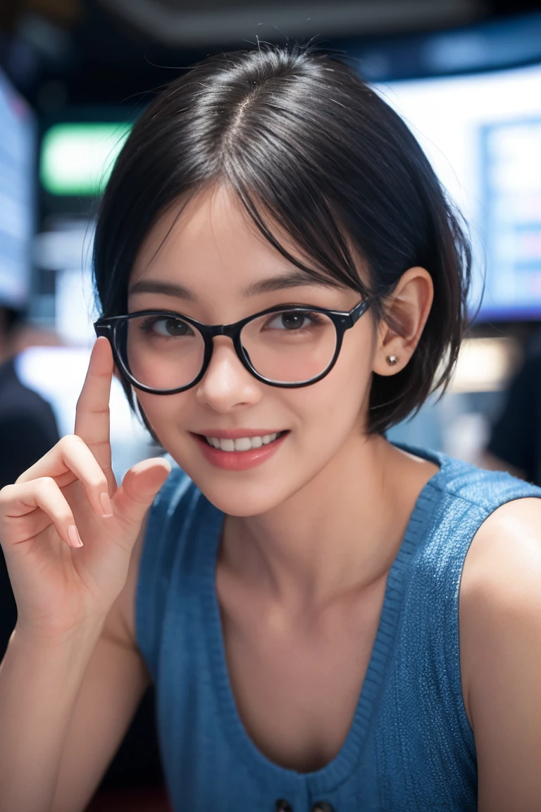 a girl with short hair, wearing transparent glasses, smiling and raising her hand, in a stock market setting, half-body shot, small ears, high quality, non-deformed, extremely detailed facial features, hyper realistic, 8k, photorealistic, vibrant colors, dramatic lighting, cinematic, beautiful, elegant, dynamic pose