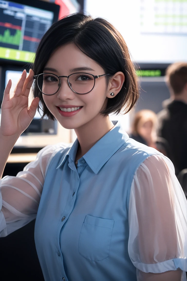 a girl with short hair, wearing transparent glasses, smiling and raising her hand, in a stock market setting, half-body shot, small ears, high quality, non-deformed, extremely detailed facial features, hyper realistic, 8k, photorealistic, vibrant colors, dramatic lighting, cinematic, beautiful, elegant, dynamic pose
