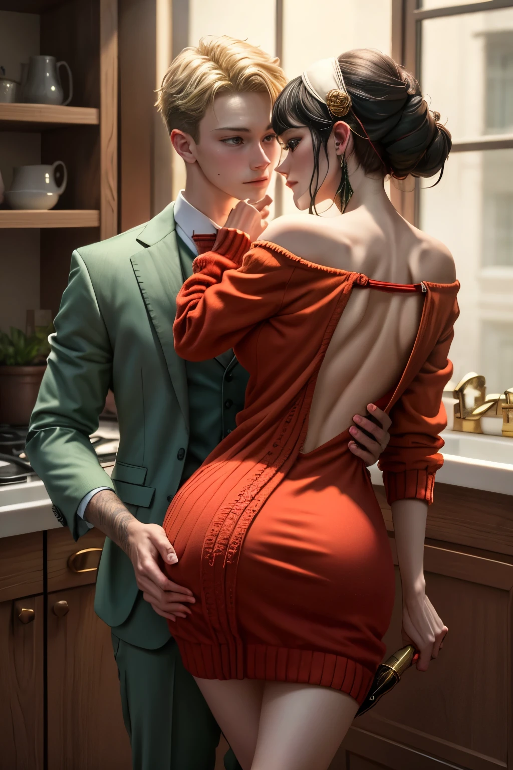 (masterpiece, best quality:1.2), high resolution, intricate details, extremely detailed, realistic and sharp details, (full body), hetero, couple having doggy style sex, front view, (1girl, getting fucked from behind by 1boy, hairband, off shoulder red sweater minidress), (1boy wearing light green business suit, standing behind her and fucked her), photo background, indoors, home, 