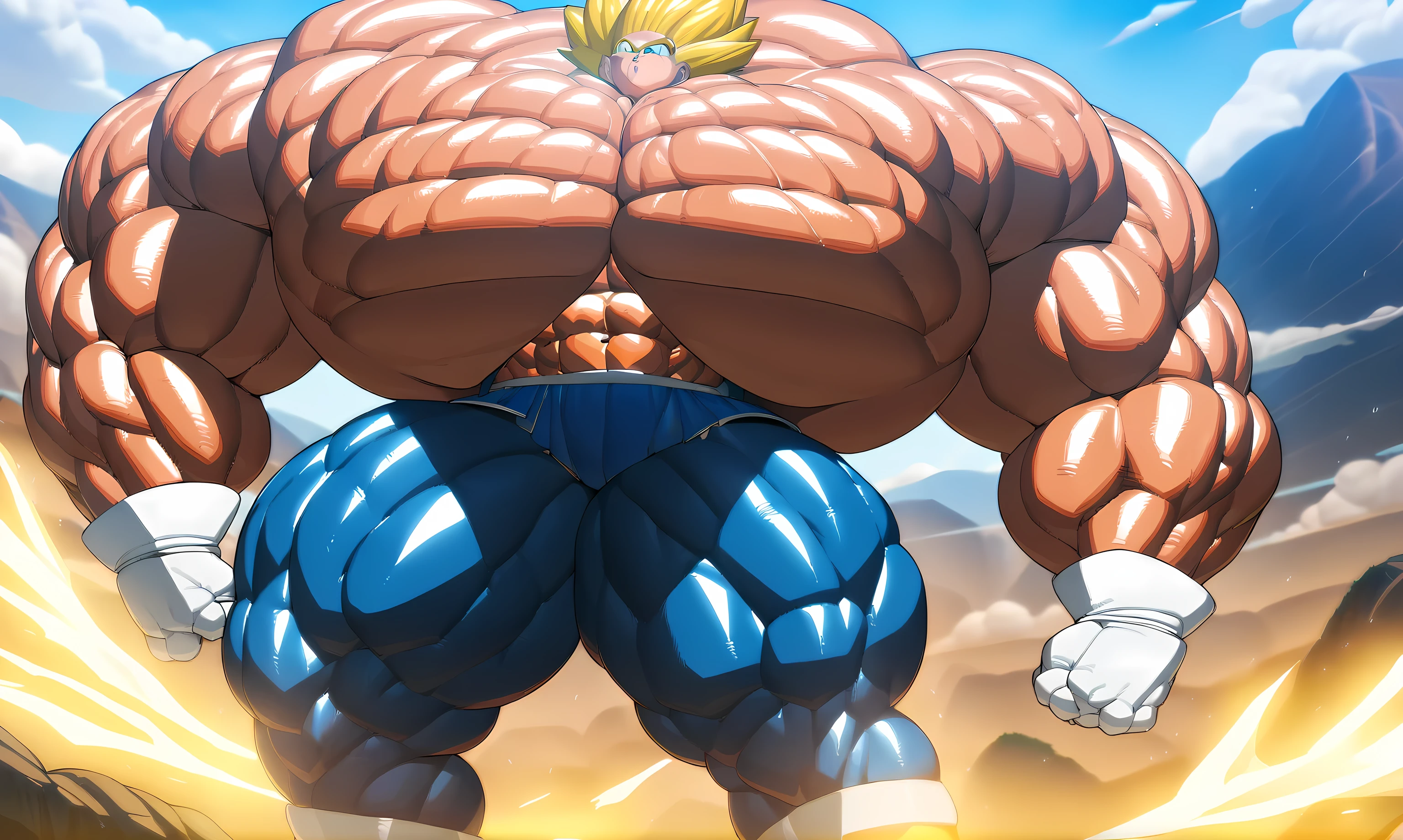 1boy, (Vegeta:1.5), from Dragon Ball Z, masterpiece, best quality, very aesthetic, absurdres, saiyan, blue eyes, spiked hair, (yellow hair:1.5), standing up, good posture, shirtless, blue skintight pants, white gloves, (huge muscles:3.7), Dragon Ball Z artstyle, in the style of Akira Toriyama, white tiled floor, outdoor, flat-top mountains, Extreme Wide Shot, full pose, full body shot, (full body in frame:1), white boots with brown tips, (visible abs:1.5), (thick thighs:3.2), (huge arms:2.5)