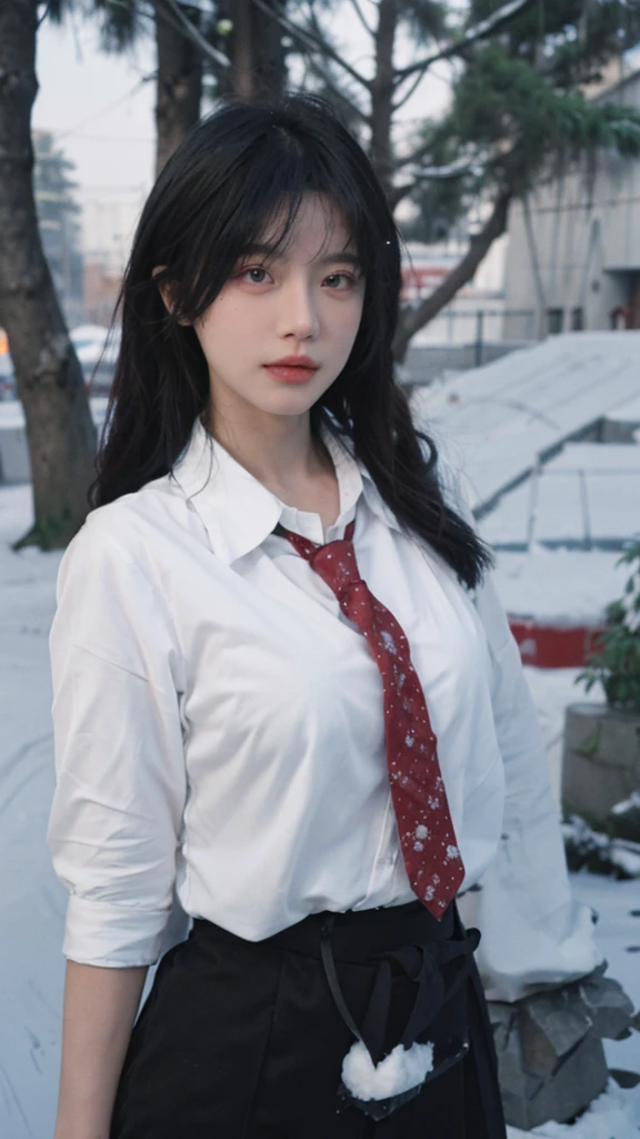 Best quality,masterpiece,Ultra-high resolution,snow,,16K,Snow background,(Photo Realism:1.4),1 Girl,JK,Sexy,(Shirt and Tie:1.2),(Big breasts:1.3),(whole body:1.4)