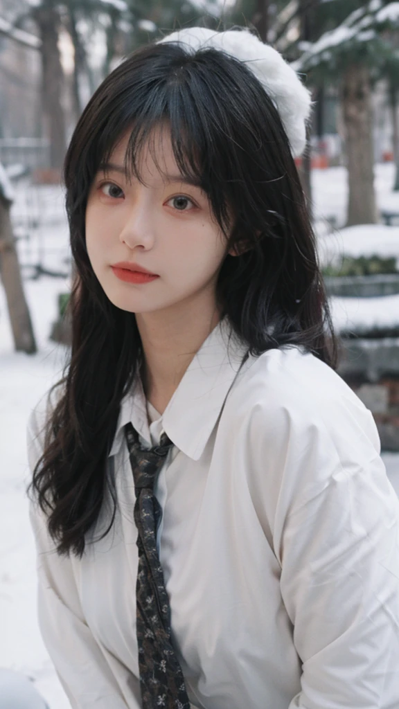 Best quality,masterpiece,Ultra-high resolution,snow,,16K,Snow background,(Photo Realism:1.4),1 Girl,JK,Sexy,(Shirt and Tie:1.2),(Big breasts:1.3),(whole body:1.4)