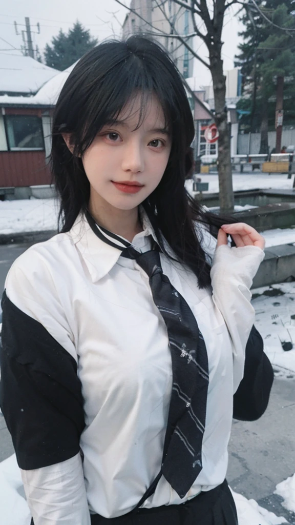 Best quality，masterpiece，Ultra-high resolution，snow，，16K,Snow background，（Photo Realism：1.4),1 Girl，JK，y，（Shirt and Tie：1.2),（Big3),（whole body：1.4)