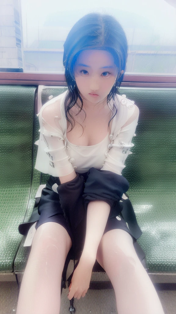 ((Best Quality, 8K, Masterpiece: 1.3)), Sharp: 1.2, Perfect Body Beauty: 1.4, Slim Abs: 1.2, ((Layered Hairstyle, Big Breasts: 1.2)), (Wet White Button Short Sleeve Shirt: 1.1), (Rain, Street: 1.2), (Long legs, clear legs: 1.3),Wet: 1.5, Highly detailed face and skin texture, Fine eyes, double eyelids, looking at the camera