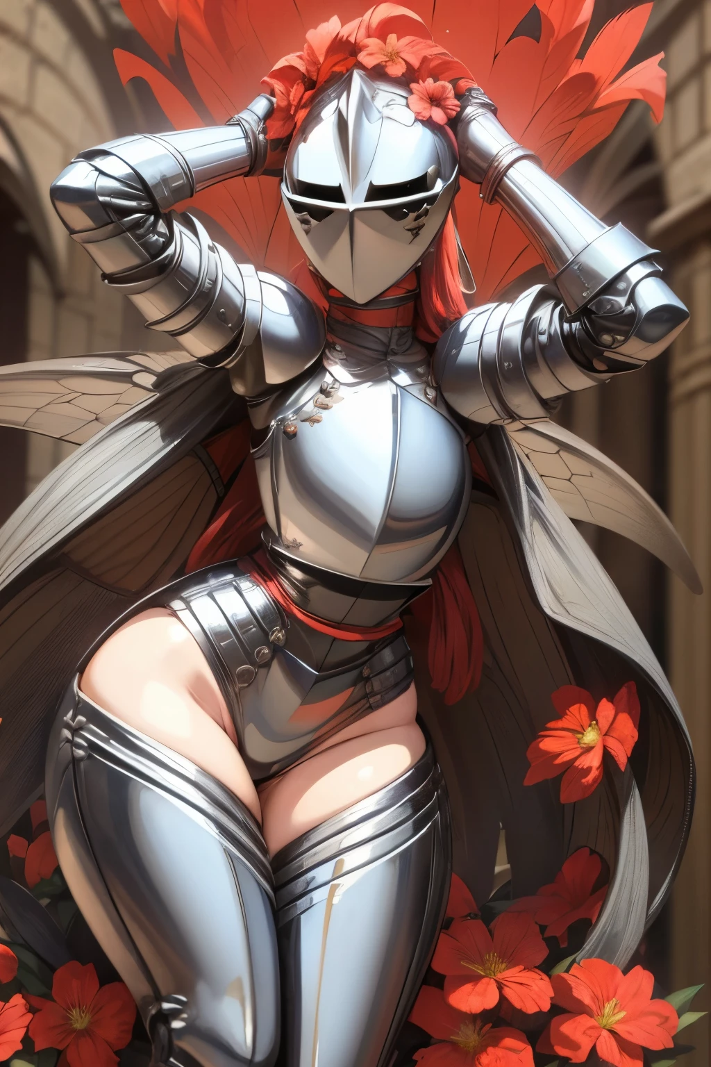 masterpiece, best quality, butterfly wings, full body, yoga pose, kardiaofrhodes, helmet, plume, gauntlets, thighhighs, breastplate, thighhighs, wide hips, (flowers background:1.2)