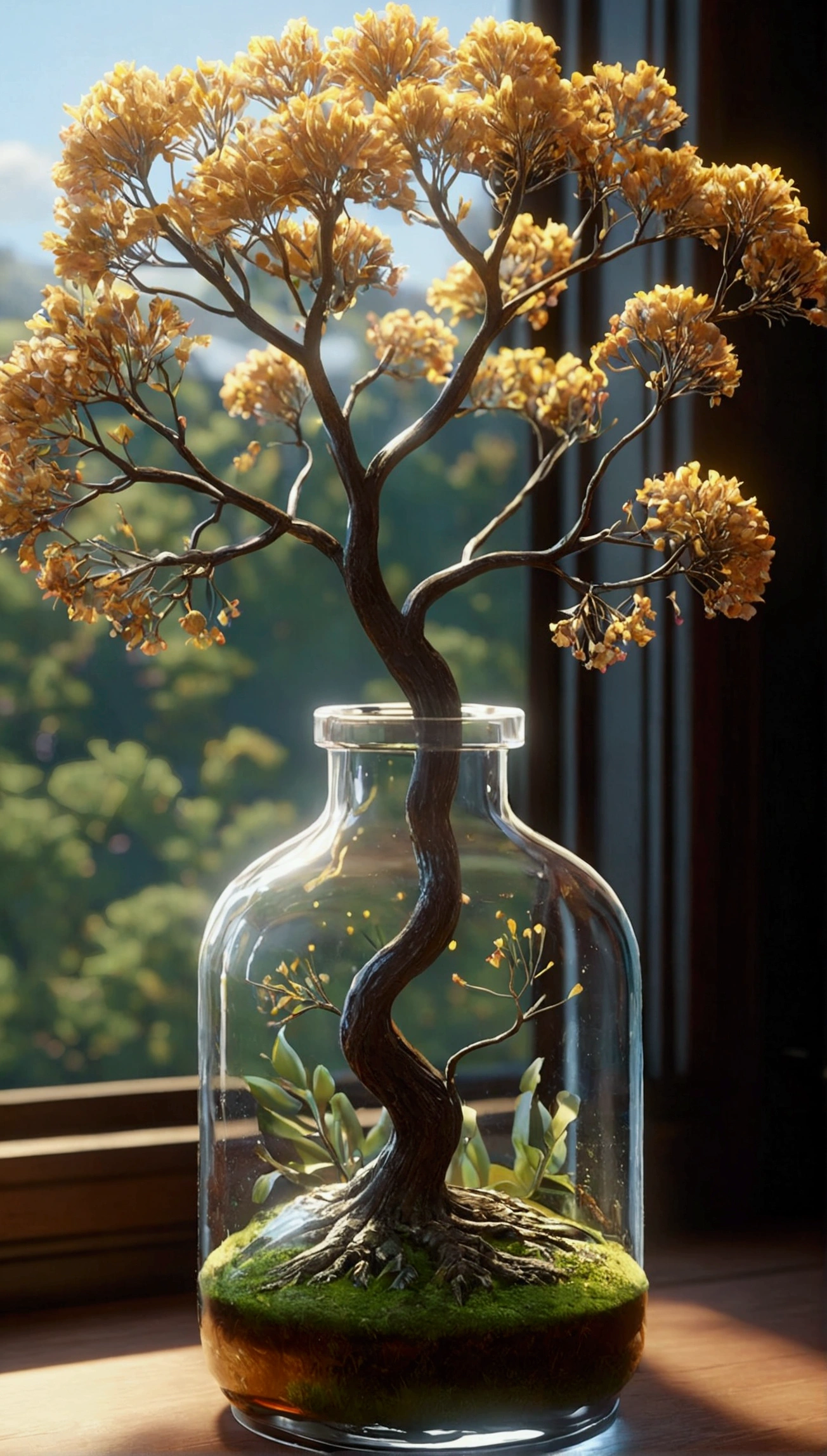 A dreamy art tree in a bottle, fluffy, realistic, photographic, canon, dreamy, artistic, splendid leaves and branches with flowers above its head. Greg Rutkowski's Ultra Detailed Photo Realism - H1024W 804 | F16 Lens Markers 2:2 S 35555 mm Film Particles: 1 Realistic High Resolution Sharp Focus Contrast!! The intricate and detailed atmospheric refractive lighting in Octane, Unreal Engine 5's cinematic concept cinematography masterpiece, presents the trend of CGSociety