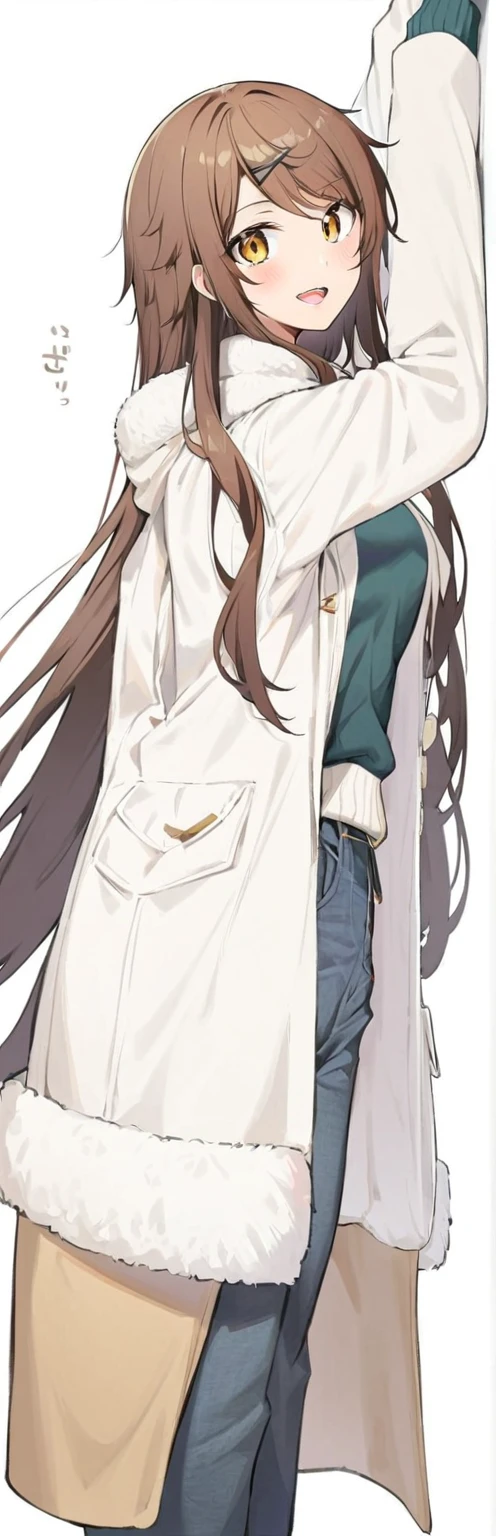 Osaki Tenna, 1 Girl, have, gloexistes, Long hair, Solitary, White background, fur have, Smile, Brown hair, looking at existiewer, Yellow eyes, Simple background, Fur trim, open mouth, coat, blush, Winter clothes, Weaving, white coat, exist, long sleeexistes, Bangs, swept Bangs, teeth