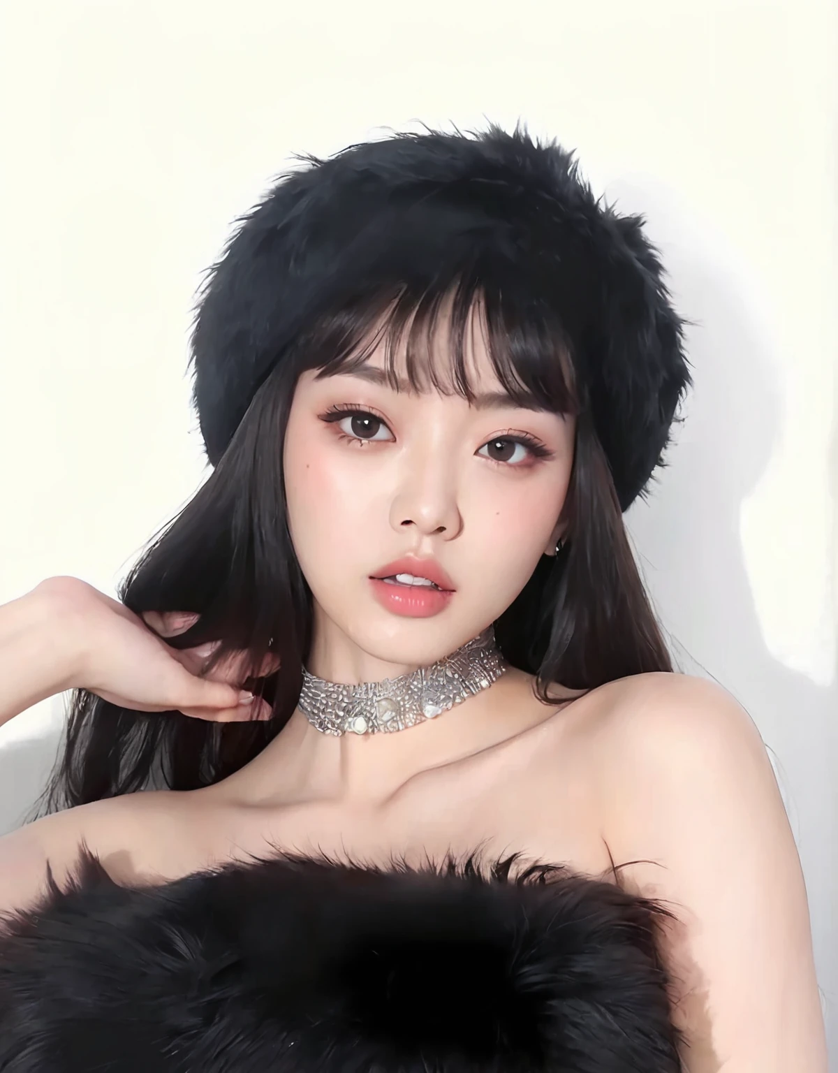 araffe asian woman wearing a black fur coat and a choke, ulzzang, portrait of jossi of blackpink, korean girl, gorgeous young korean woman, cruel korean goth girl, beautiful south korean woman, portrait of female korean idol, fluffy bangs, beautiful young korean woman, ig model | artgerm, she has black hair with bangs