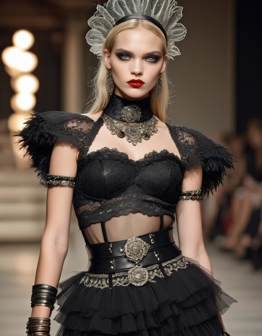 blouse: black lace, with veil sleeves, with tribal embroidery on the neck and shoulders.
Skirt: Black tulle with asymmetrical layers and lace details and indigenous embroidery.
corset: Black leather with metal buckles and tribal embroidery.
Black veiled stockings Belt: Wide black leather with decorated buckle and leather straps with beads and feathers.
accessories: Lace and metal bracelets, bead and feather necklaces, silver rings with engravings, and wide metal bracelet.
shoes: Black military boots with lace and metal details.
make-up: Smokey eyes with terracotta colors, gold and black. deep red lips.
Additional details: Lace headdresses, colored ribbons in long curly blonde hair