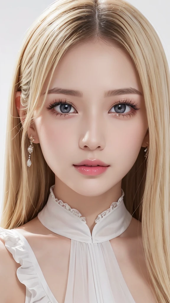 (((White background、rim light、lighting forward、shoot from above、China dress、Ao Dai、Frills、race、See-through、forehead、White Blonde、Blonde、White Background、Cowboy Shot、amount)))、amount、Northern Europe、Russia、beautiful girl、Platinum Blonde Hair、Straight Long Hair、Big Blue Eyes、Northern Europeの若者、Glowing Skin、Young and beautiful skin、A perfect and beautiful little face、Bright makeup、Pale pink lips、Bright expression、lipstick、Intricate details、High resolution、 Detailed features of face design、Big Breasts、face-friendly lighting