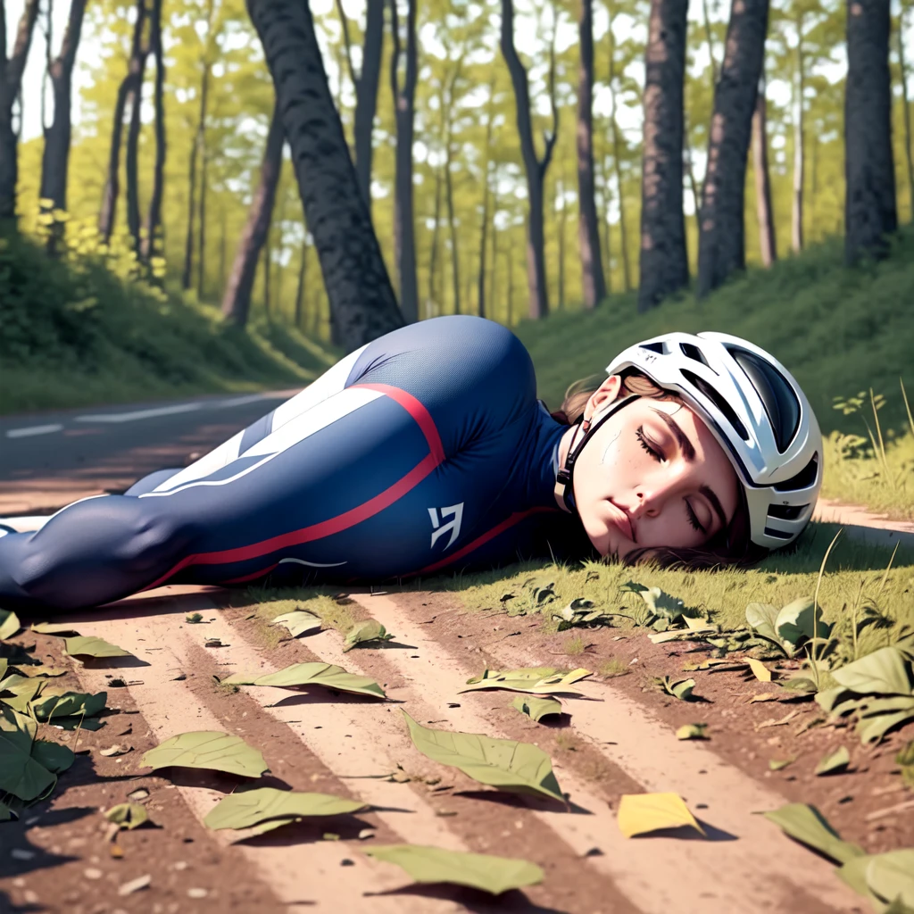 a woman laying on the ground next to a bicycle and a , lying on the ground, crashed, no helmet!!!!, crashed in the ground, accident, laying on the ground, ouch, cycling!!, painful, lying on the woods path, help me, woman very tired, exploitable image, crawling on the ground, riding a bike, sprawled out
