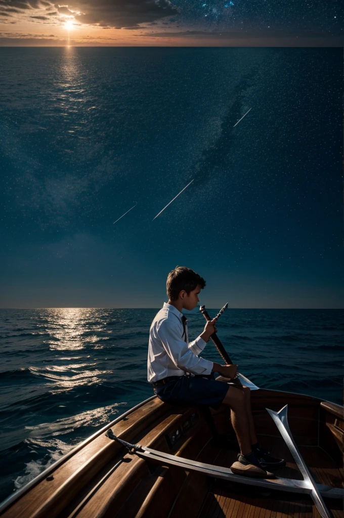 boy sitting on the boat, sword in hand, layer, loneliness, high resolution, sea of stars, vista, romance, smallness