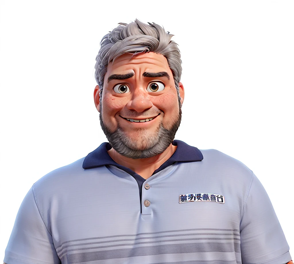 Pixar-style 3D movie poster: A man between 40 and 50 years old, with straight hair and a large gray quiff, no samurai style. He has a neatly trimmed beard and a bright smile. He has a megaphone in his hands, pointing at something, and wearing a polo shirt. His eyes have a slightly droopy expression. Hair should be combed back, but without elements of the samurai style.