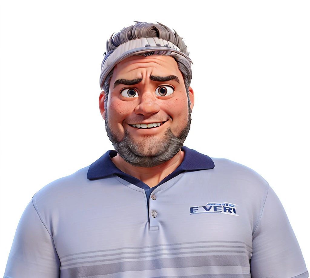 Pixar-style 3D movie poster: A man between 40 and 50 years old, with straight hair and a large gray quiff, no samurai style. He has a neatly trimmed beard and a bright smile. He has a megaphone in his hands, pointing at something, and wearing a polo shirt. His eyes have a slightly droopy expression. Hair should be combed back, but without elements of the samurai style.