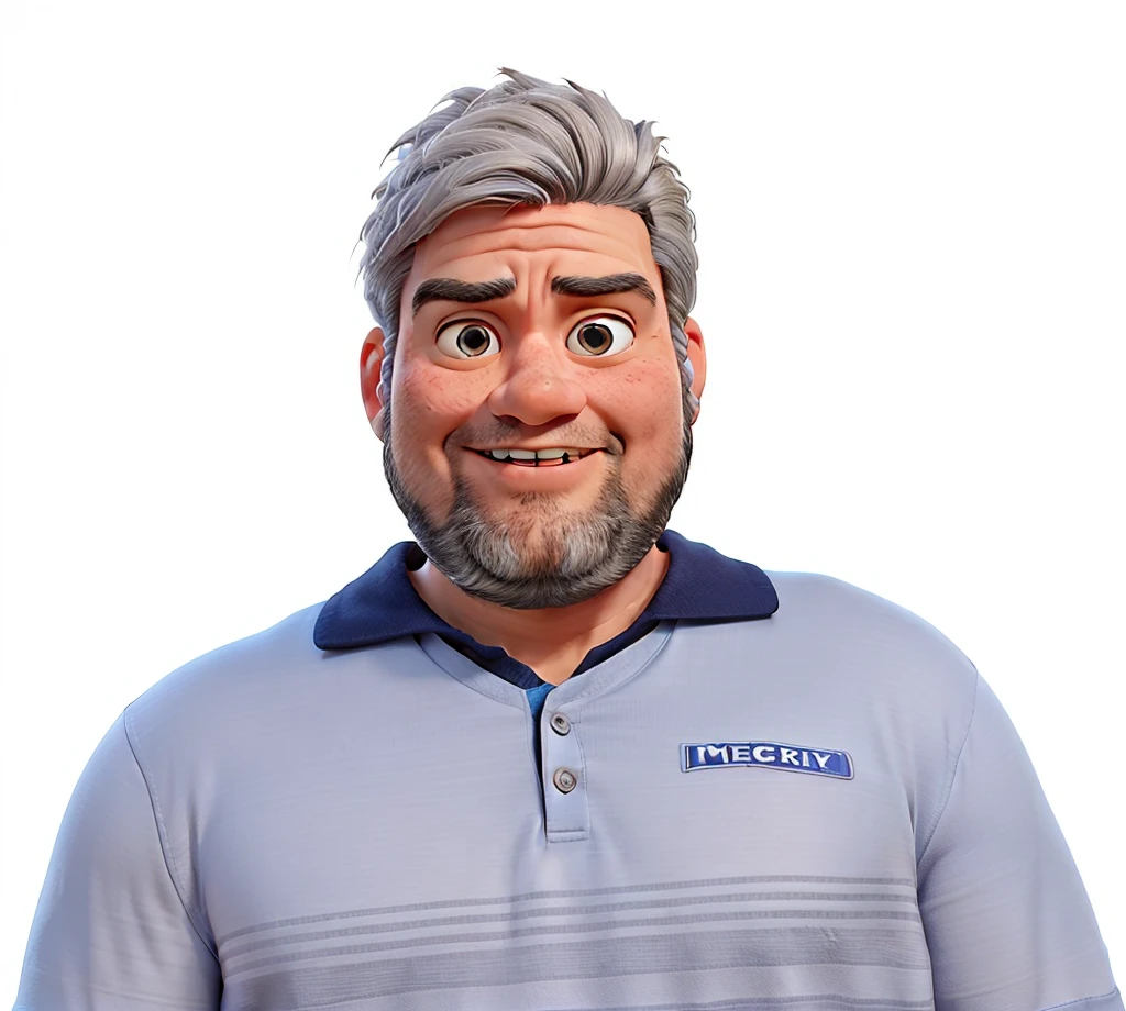 Pixar-style 3D movie poster: A man between 40 and 50 years old, with straight hair and a large gray quiff, no samurai style. He has a neatly trimmed beard and a bright smile. He has a megaphone in his hands, pointing at something, and wearing a polo shirt. His eyes have a slightly droopy expression. Hair should be combed back, but without elements of the samurai style.