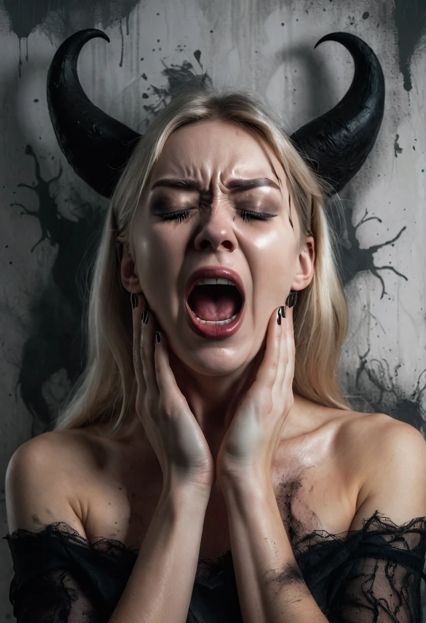 A blonde woman with closed eyes hands in ears, with her own image screaming with her deformed appearance like a shadow behind her, demonic form, cold, dark tones, light wall background, Messy house. ((High quality)) ((Super quality)) 4d, 8k.