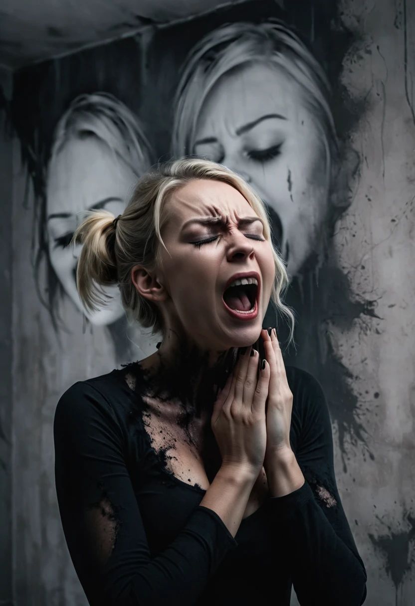 A blonde woman with closed eyes hands in ears, with her own image screaming with her deformed appearance like a shadow behind her, demonic form, cold, dark tones, light wall background, Messy house. ((High quality)) ((Super quality)) 4d, 8k.