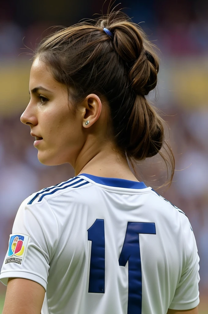 Create an image of a white girl with straight brown hair with her back facing the Colombia vs Argentina match wearing the Colombia shirt with the number 6