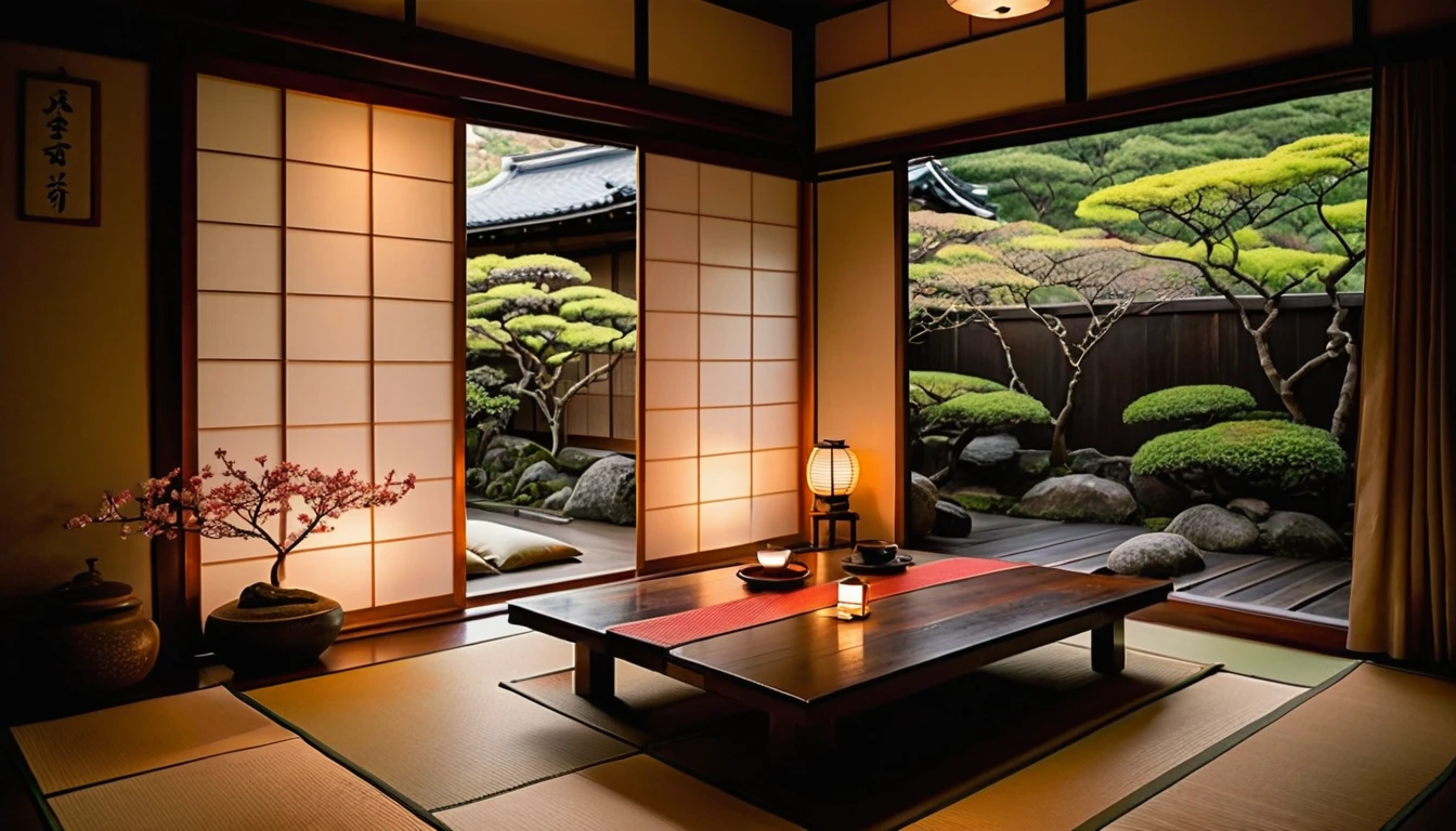 The picture shows a cozy Japanese bedroom with large windows offering views of a beautiful, dimly lit garden AND a garden filled with FLOWERS. CINEMATIC, gloomy, cloudy atmosphere outside JAPANESE HOUSE, This room has tatami floors, shoji doors and minimalist wooden furniture. A futon sat on the floor next to a low table with a burning lamp. Through the open shoji door, we can see a garden decorated with large stones in the shape of a Japanese house, and lots of flower gardens in the garden. The bed was unmade with rumpled sheets, indicating only a light sleep. looks dim, gloomy. Beside the bed there is a small table with a classic lamp burning which radiates warm light into the room. Outside the window you can see lush greenery on the terrace or balcony area, rain is falling, there is a cup of coffee depicting warmth, and candles, creating a calm and peaceful atmosphere. with fog obscuring part of the view in the distance. The contrast between the warmth indoors and the rain outdoors creates an inviting and calming atmosphere