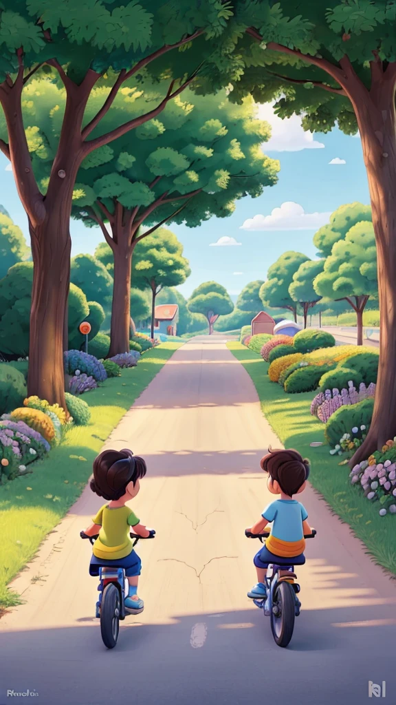 cartoon scene with two kids playing with bicycle on the road, illustration for children, kids book illustration, children book illustration, colorful kids book illustration, childrens book illustration, childrens illustration, children's illustration, cartoon style illustration, children\'s illustration, children's book illustration, children’s book illustration, ilustration, by Radi Nedelchev