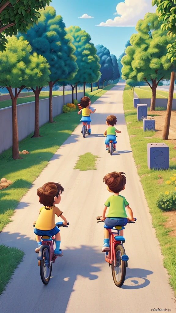 cartoon scene with two kids playing with bicycle on the road, illustration for children, kids book illustration, children book illustration, colorful kids book illustration, childrens book illustration, childrens illustration, children's illustration, cartoon style illustration, children\'s illustration, children's book illustration, children’s book illustration, ilustration, by Radi Nedelchev