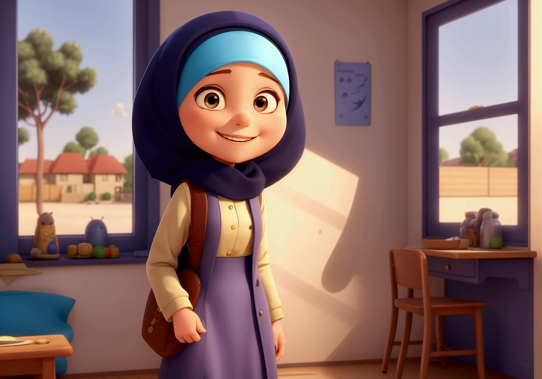 A beautiful girl with a modern Islamic hijab tied to her neck. Her dress is long and modest. A character alone with no one else with her. A cartoon in the Disney-Pixar style. She leaves her small apartment and goes to school.. She is carrying a backpack, smiling and looking happy. The street was full of trees, and the morning was bright and sunny. 