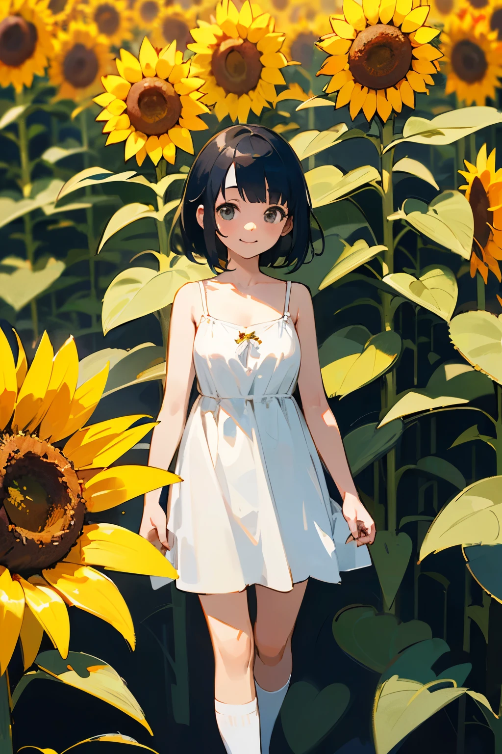 (high quality, High resolution, Very detailed, reality:1.37), Peaceful atmosphere, (Sunflower field), Teenage girl standing alone, (my breasts are big.), Beautiful details, Cute Smile, (Black bob hair), White camisole dress, White socks, loafers.
