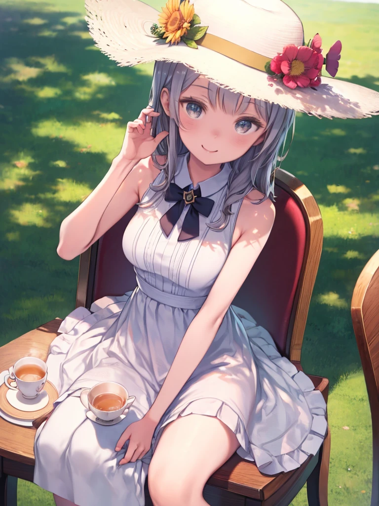 masterpiece, Highest quality, Seitenshi, Sun hat, White Dress, Bare shoulders, Elbow hand pockets, Sitting, Round Table, White knee socks, Chair, tea, Outdoor, View your viewers, smile, From above
