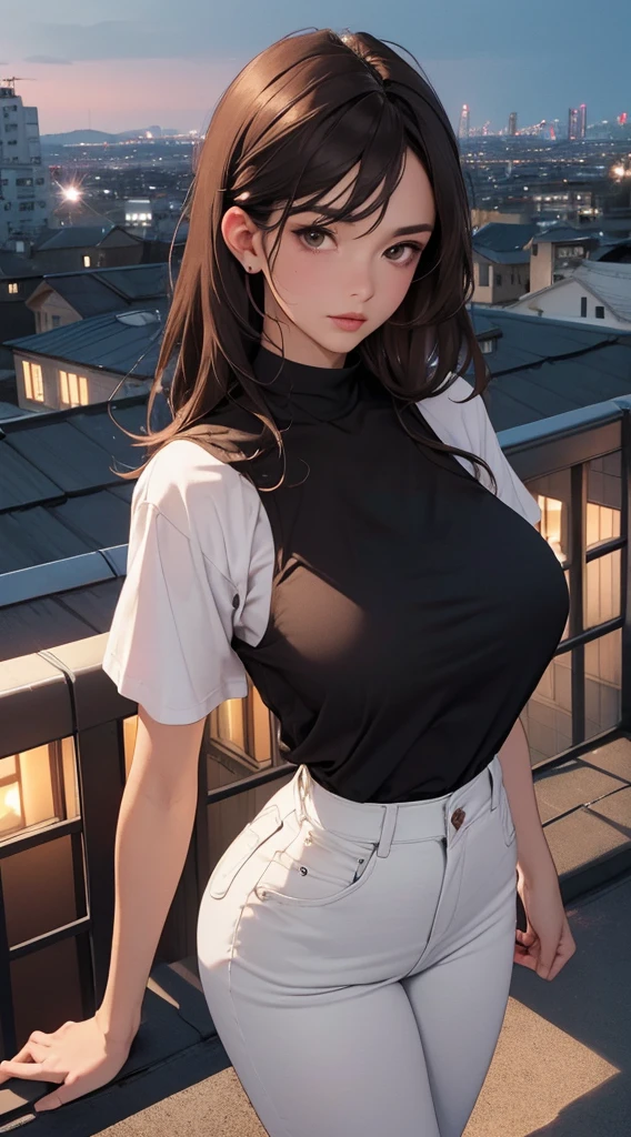 ((Midnight, Best quality, 8k, Masterpiece :1.3)), Whole body, Long legs, Sharp focus :1.2, A pretty woman with perfect figure :1.4, Slender abs :1.1, ((Dark brown hair,Gigantic breasts :1.2)), (White tight tshirt, Jean bib, Standing:1.2), ((Night city view, Rooftop:1.3)), Highly detailed face and skin texture, Detailed eyes, Double eyelid