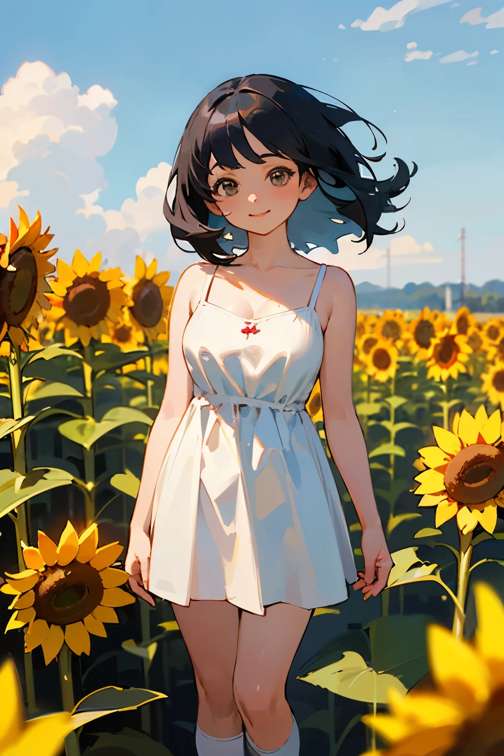 (high quality, High resolution, Very detailed, reality:1.37), Peaceful atmosphere, (Sunflower field), Teenage girl standing alone, (my breasts are big.), Beautiful details, Cute Smile, (Black bob hair), White camisole dress, White socks, loafers.