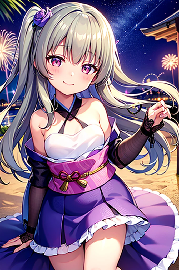 Himari Meimei, masterpiece, Voluptuous thighs, petit body, little young girl, flat chest, {1 Girl}, Cute and erotic smile, Highly detailed sparkling purple eyes, summer night, fireworks,  困り眉, open legs, legs up, silver grey hair, lying on beach bed, kimono