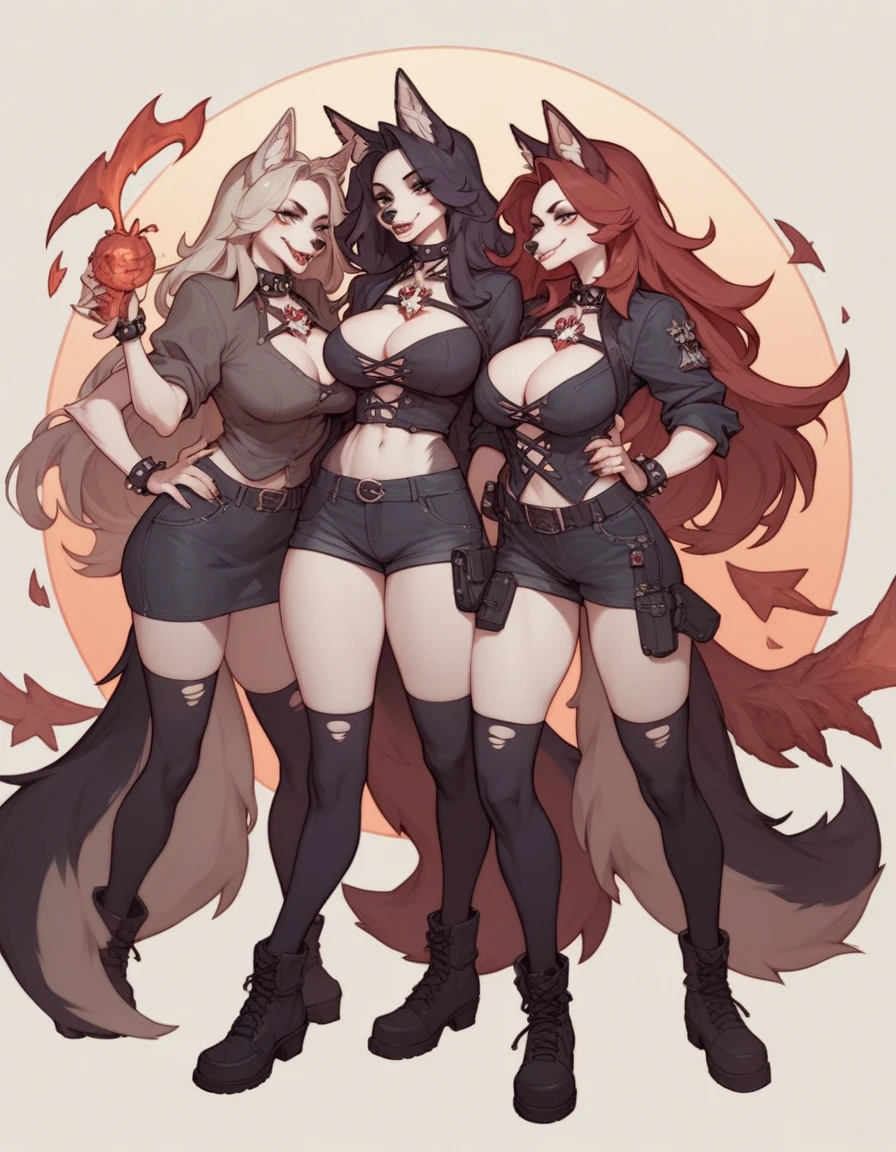 score_9,score_8_up,score_7_up, Anthro canine girl, hellhound,  Cerberus, tall and curvy, three headed hellhound