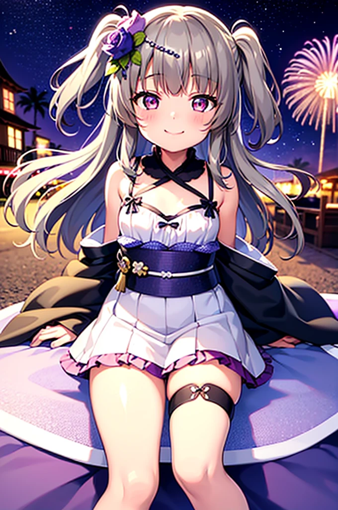 Himari Meimei, masterpiece, Voluptuous thighs, petit body, little young girl, flat chest, {1 Girl}, Cute and erotic smile, Highly detailed sparkling purple eyes, summer night, fireworks,  困り眉, open legs, legs up, silver grey hair, lying on beach bed, kimono