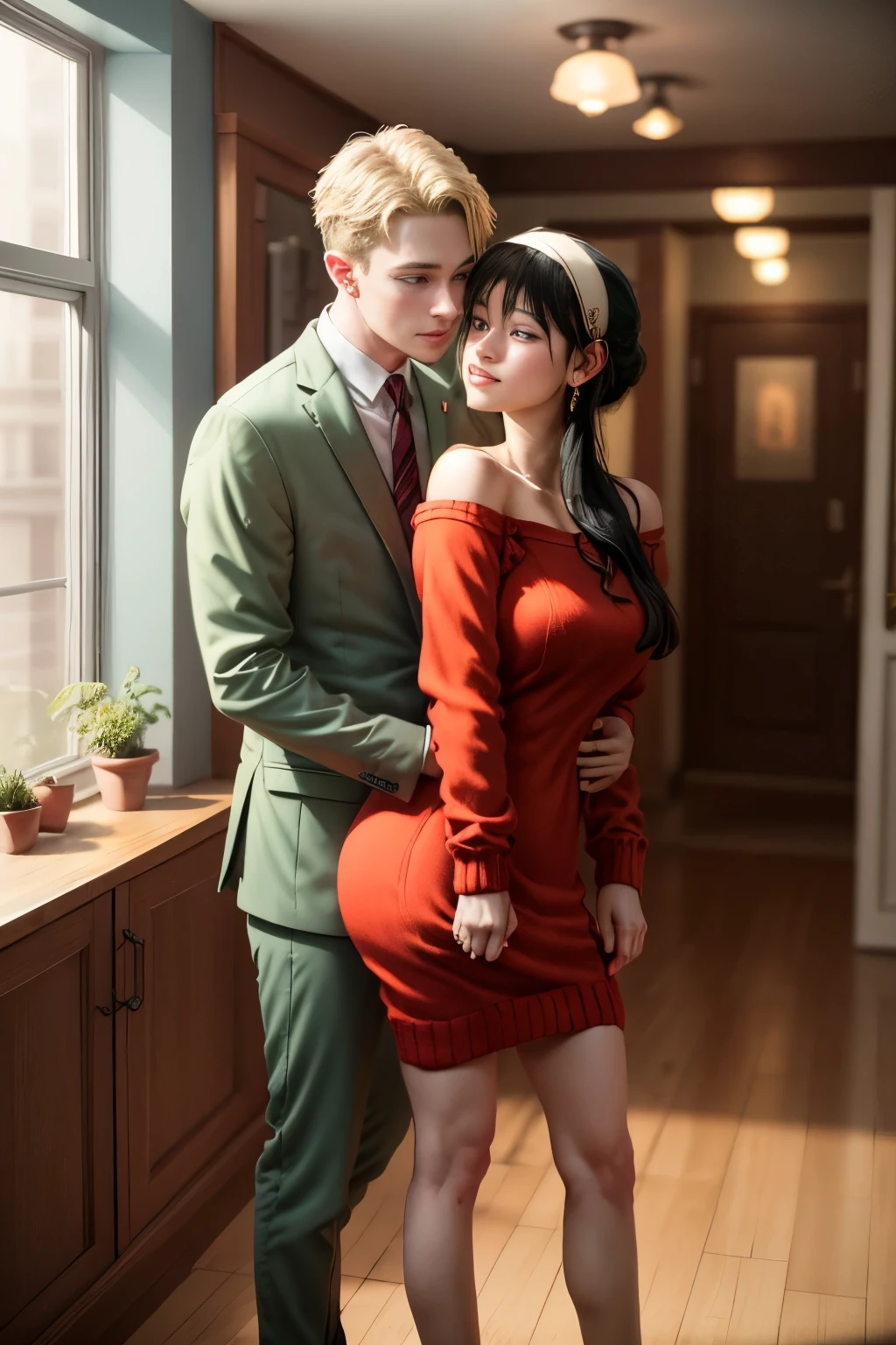 (masterpiece, best quality:1.2), high resolution, intricate details, extremely detailed, realistic and sharp details, (full body), hetero, couple having doggy style sex, front view, (1girl, getting fucked from behind by 1boy, hairband, off shoulder red sweater minidress), (1boy wearing light green business suit, standing behind her and fucked her), photo background, indoors, home,