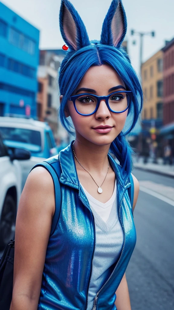 There is a woman with blue hair and glasses posing for a photo, Ultra realistic spotting, cartoon look, digital art. @mariomaniacdude, Blue holographic face, realistic photo, Instagram filter, with Instagram filters, with blue skin, Judy Hopps from Zootopia, realistic image, Snapchat photo, very very low quality image