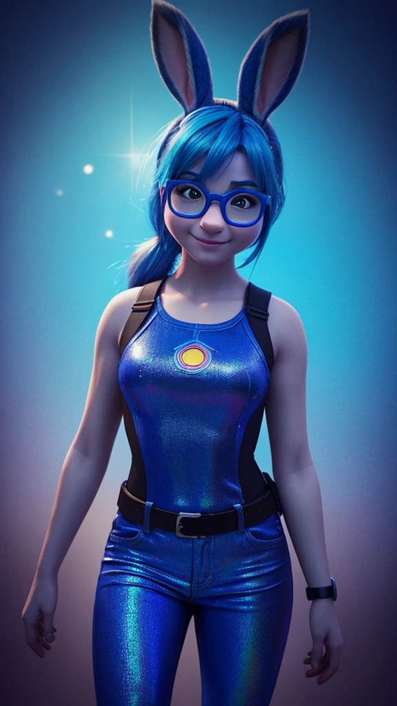 There is a woman with blue hair and glasses posing for a photo, Ultra realistic spotting, cartoon look, digital art. @mariomaniacdude, Blue holographic face, realistic photo, Instagram filter, with Instagram filters, with blue skin, Judy Hopps from Zootopia, realistic image, Snapchat photo, very very low quality image