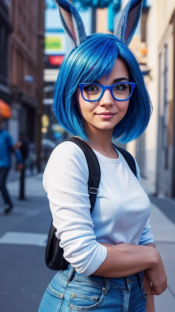 There is a woman with blue hair and glasses posing for a photo, Ultra realistic spotting, cartoon look, digital art. @mariomaniacdude, Blue holographic face, realistic photo, Instagram filter, with Instagram filters, with blue skin, Judy Hopps from Zootopia, realistic image, Snapchat photo, very very low quality image
