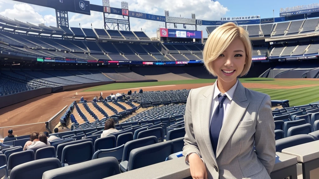 A female announcer in a suit is broadcasting live from Yankee Stadium.。Blonde Short Hair。smile
