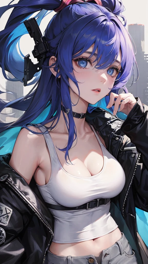 (Top resolution、Distinct_image)top-quality、A girl、masterpiece、highly detailed 、Semi-realistic、blue eyes 、18year old、young 、Exquisite facial features、Facial features ,variation potrait, big breasts, injured, ruined city background, dark blue hair with puple hilight , long hairstyles, zombies apocalypse, teenage, cool , cold sharp eyes, surviving, wear white tank top, and jacket,grey Miliary pants