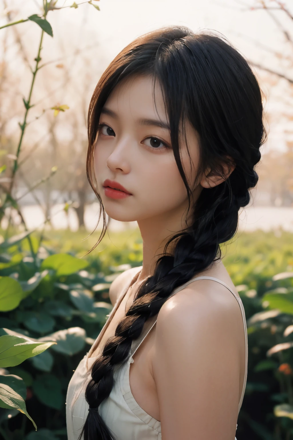 masterpiece, bestquality, 32kwallpaper, ultradetailed,ultrahighres, photography,realistic,1girl,solo,perfect hair, Blackhair, Sidebraid, BREAK, morningglow, pastelsky, cooltones, sunrays, softlight, peaceful atmosphere,early morning serenity,